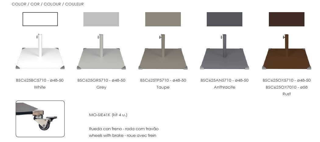 Colors available for the Canto parasol base by Ezpeleta